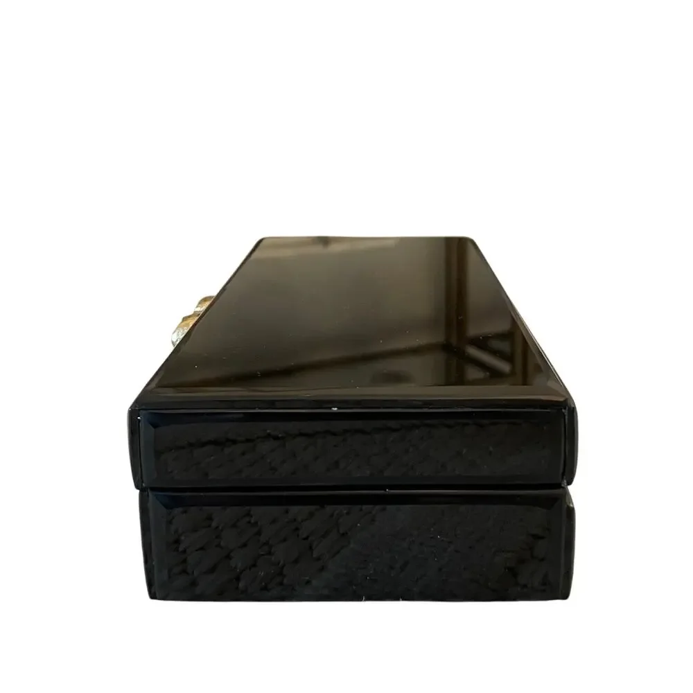 Black Lacquered Box with Gold Bow Motif 8.5 x 4.5 Made in India NEW